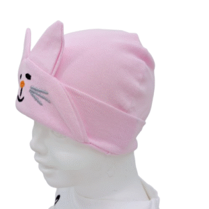 Bonnet bébé chaton avec oreilles – Visage brodé – Coloris rose, bleu, blanc, jaune
