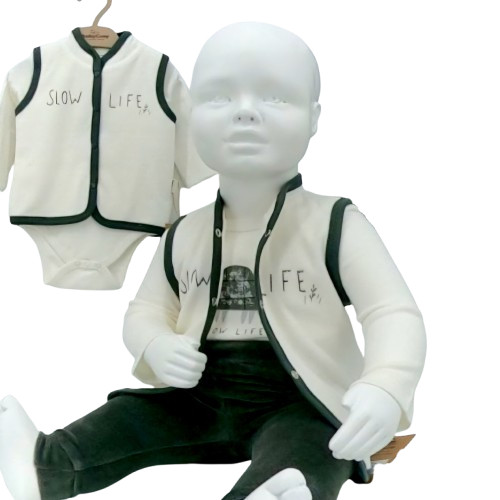 Ensemble bébé 3 pièces motif tortue Slow Life, body, gilet et pantalon