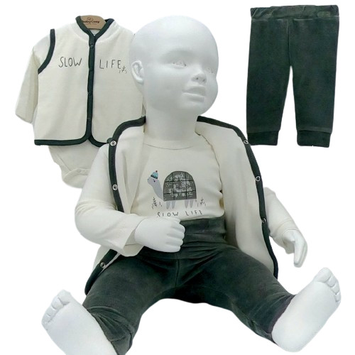Ensemble bébé 3 pièces motif tortue Slow Life, body, gilet et pantalon