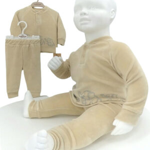 Ensemble bébé en velours beige avec motif éléphant, sweat et pantalon