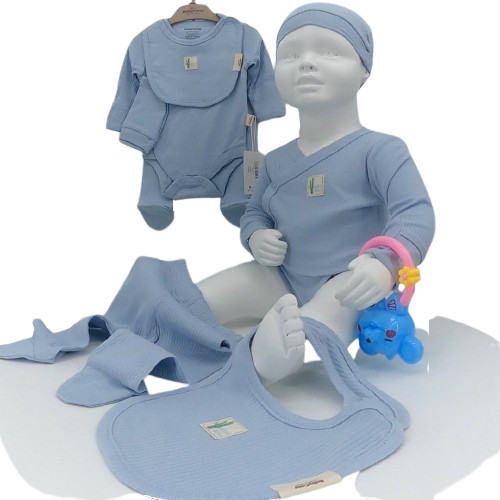 Ensemble naissance bébé 4 pièces en coton bio bleu doux