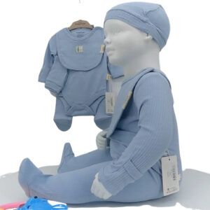 Ensemble naissance bébé 4 pièces en coton bio bleu doux