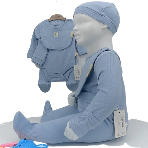 Ensemble naissance bébé 4 pièces en coton bio bleu doux