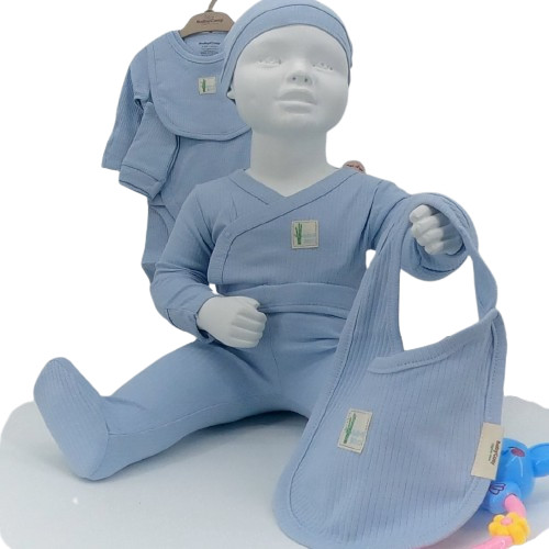 Ensemble naissance bébé 4 pièces en coton bio bleu doux