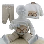 Ensemble bébé 2 pièces coton bio avec sweat ourson en relief et pantalon beige