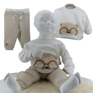 Ensemble bébé 2 pièces coton bio avec sweat ourson en relief et pantalon beige