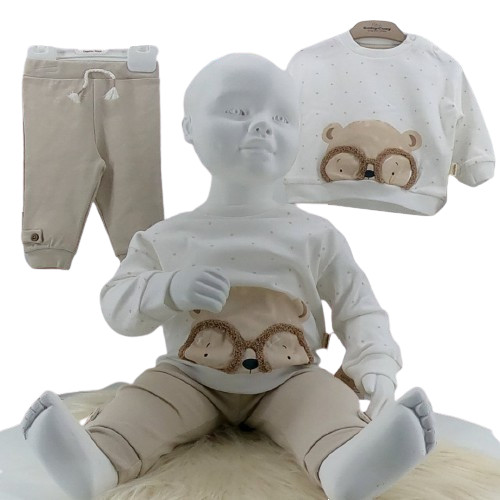Ensemble bébé 2 pièces coton bio avec sweat ourson en relief et pantalon beige