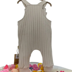 Salopette bébé rayée en coton biologique, couleur beige, avec poche à boutons