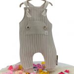 Salopette bébé rayée en coton biologique, couleur beige, avec poche à boutons