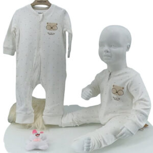 Pyjama bébé coton bio écru avec motif ourson et zip
