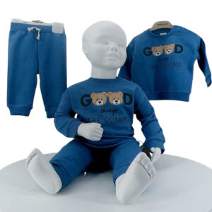 Ensemble bébé coton bio bleu ciel avec broderie ours