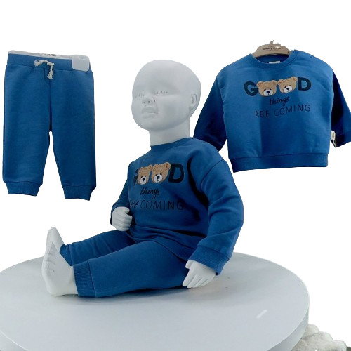 Ensemble bébé coton bio bleu ciel avec broderie ours