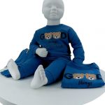 Ensemble bébé coton bio bleu ciel avec broderie ours
