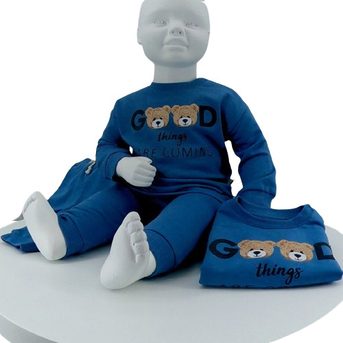 Ensemble bébé coton bio bleu ciel avec broderie ours