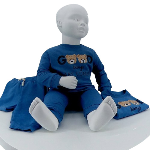 Ensemble bébé coton bio bleu ciel avec broderie ours