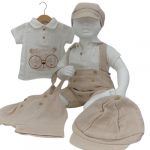 ensemble bébé garçon été 3 pièces coton bio – chemise, short bretelles, casquette – 3 à 24 mois