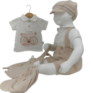 ensemble bébé garçon été 3 pièces coton bio – chemise, short bretelles, casquette – 3 à 24 mois