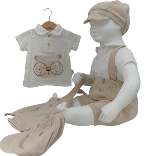 ensemble bébé garçon été 3 pièces coton bio – chemise, short bretelles, casquette – 3 à 24 mois
