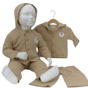 Ensemble bébé léger en coton bio abricot – haut à capuche + pantalon – 3 à 24 mois
