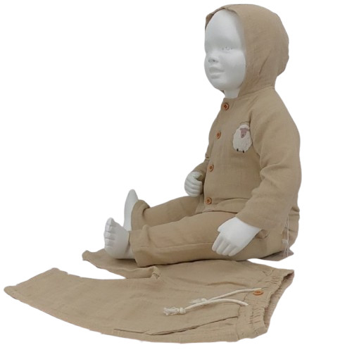 Ensemble bébé léger en coton bio abricot – haut à capuche + pantalon – 3 à 24 mois