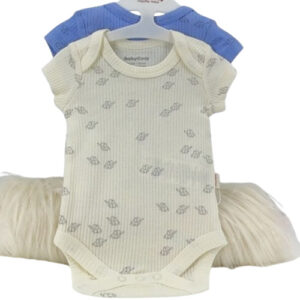 lot 2 bodies bébé coton bio bleu et écru, manches courtes