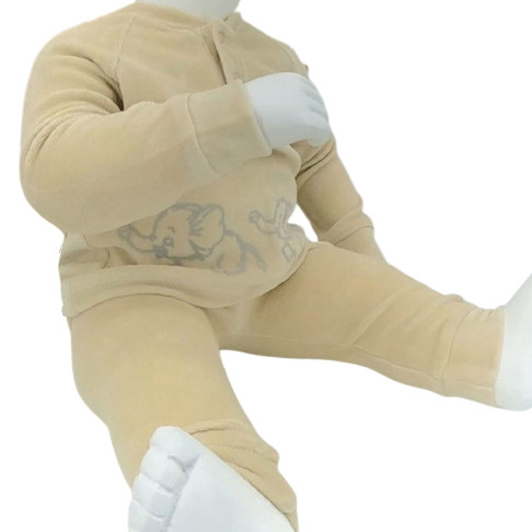 Ensemble bébé en velours beige avec motif éléphant, sweat et pantalon