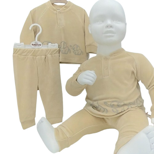 Ensemble bébé en velours beige avec motif éléphant, sweat et pantalon