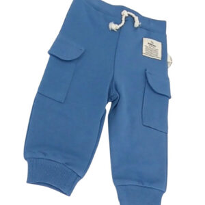 Pantalon bébé bleu en coton biologique avec poches latérales et cordon à la taille