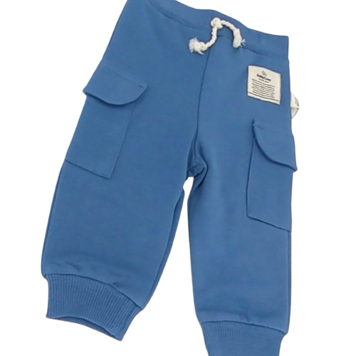 Pantalon bébé bleu en coton biologique avec poches latérales et cordon à la taille