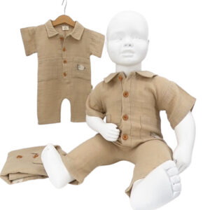 combinaison été bébé coton beige avec motif mouton