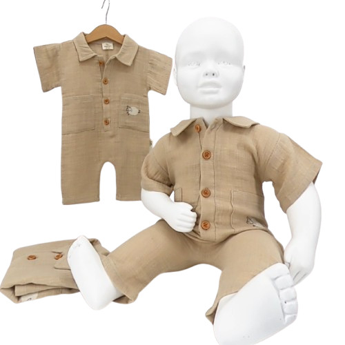 combinaison été bébé coton beige avec motif mouton