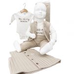 Ensemble 3 pièces bébé beige – body, pantalon, gilet coton bio