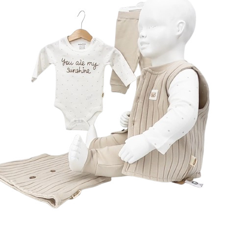 Ensemble 3 pièces bébé beige – body, pantalon, gilet coton bio