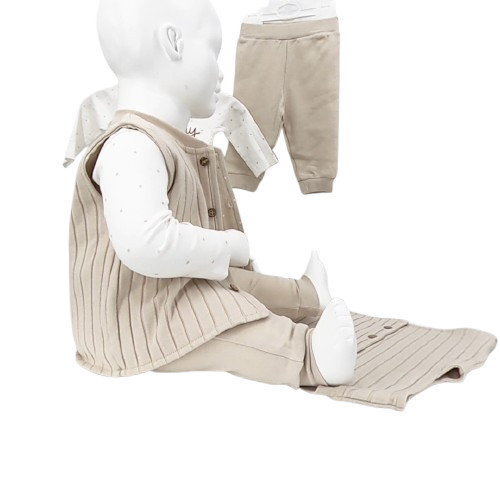 Ensemble 3 pièces bébé beige – body, pantalon, gilet coton bio