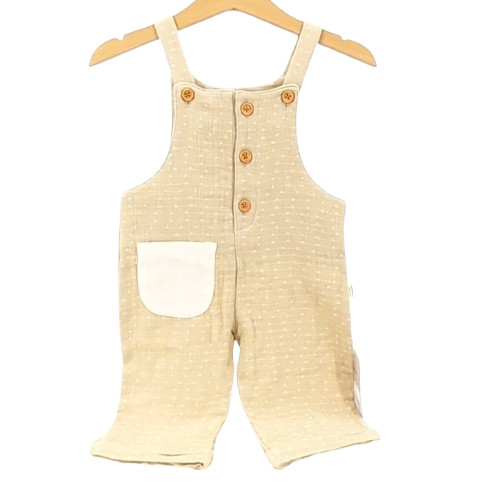 Salopette bébé coton bio beige à pois avec poche crème