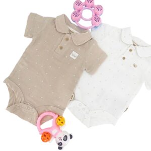 body polo bébé été en coton bio léger modèle Léger souffle, coloris beige et blanc à pois