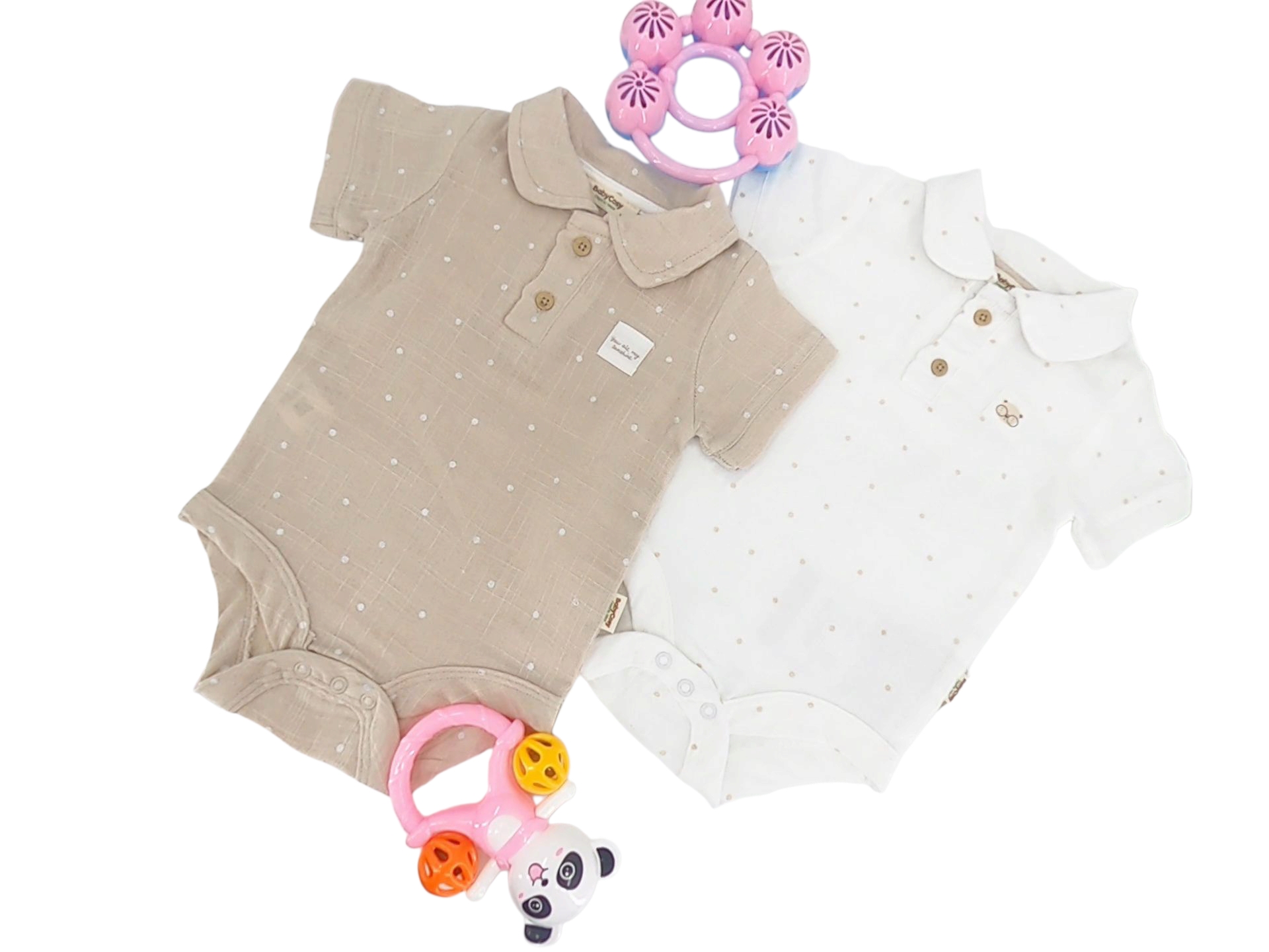 body polo bébé été en coton bio léger modèle Léger souffle, coloris beige et blanc à pois