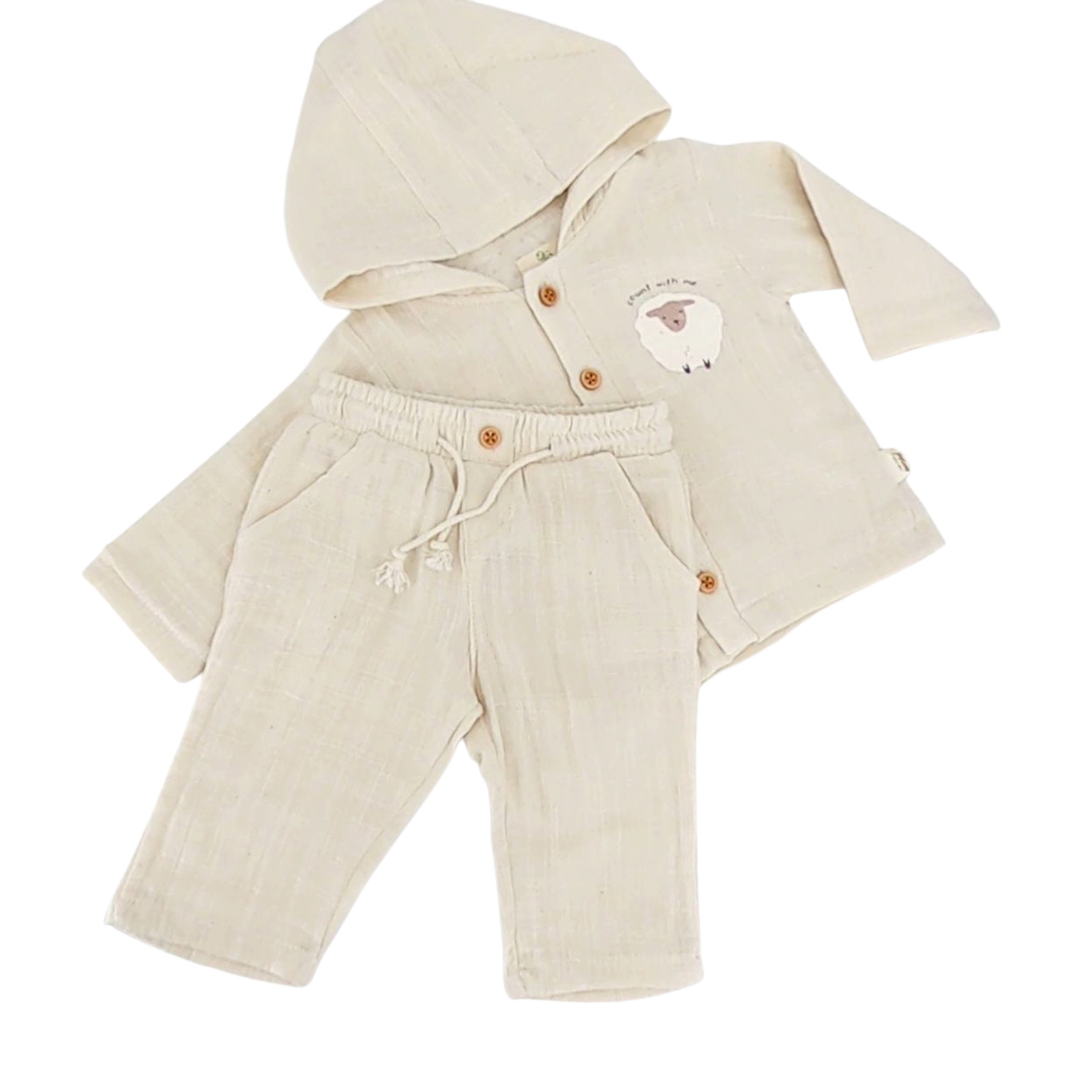 Ma Douceur - Ensemble bébé été en coton bio, avec capuche et broderie mouton, couleur écru, taille 3-24 mois