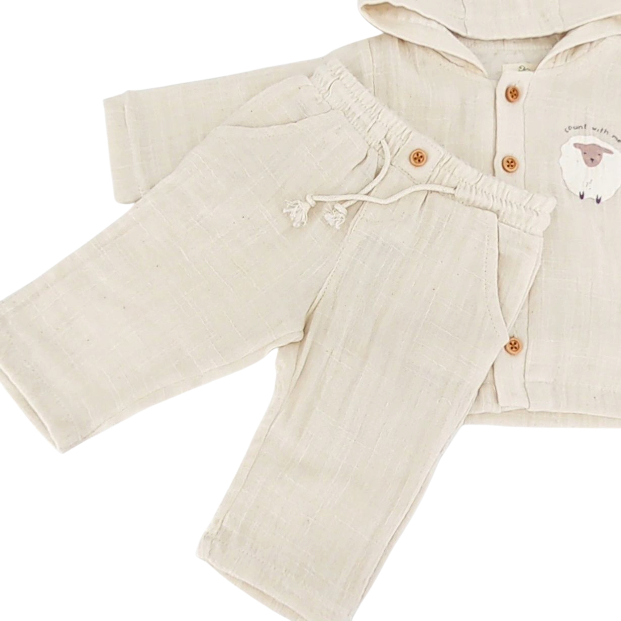 Ma Douceur - Ensemble bébé été en coton bio, avec capuche et broderie mouton, couleur écru, taille 3-24 mois
