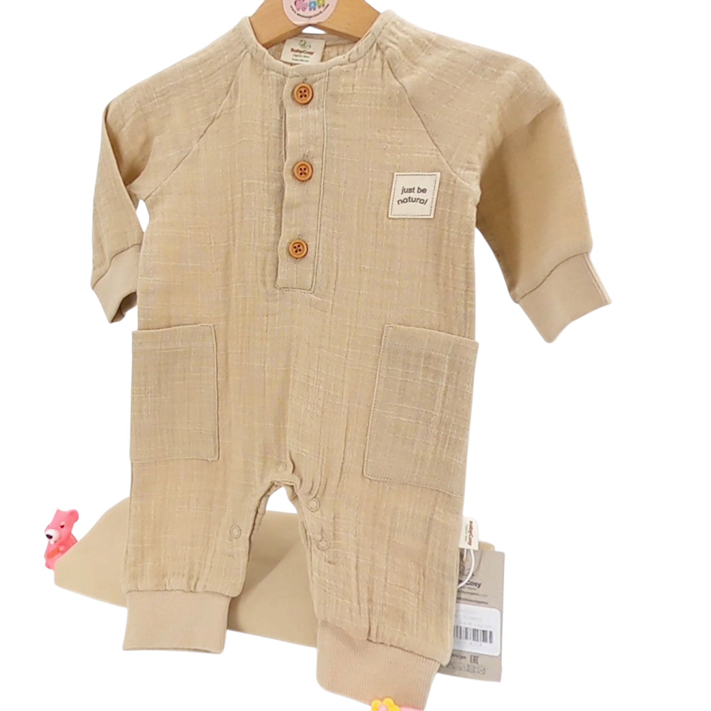combinaison été bébé coton bio beige légère avec message Just be natural