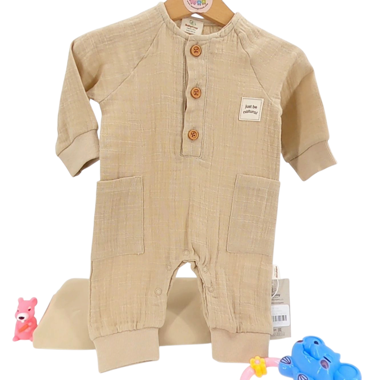 combinaison été bébé coton bio beige légère avec message Just be natural